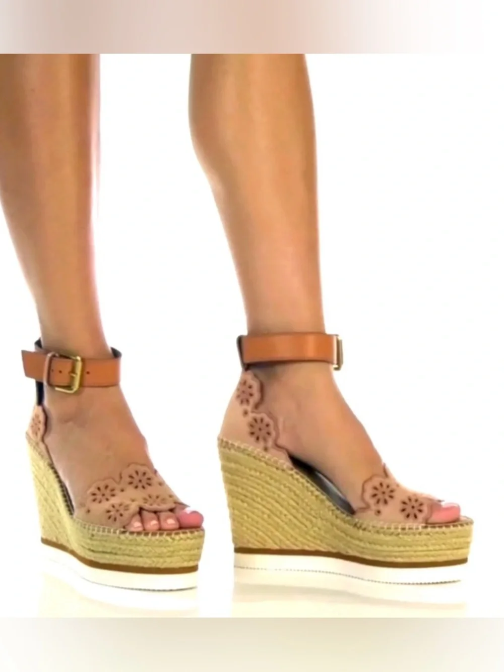 SEE BY CHLOE Glyn Scallop Wedge Espadrille Pink Calf Suede 38 7.5
